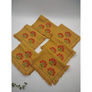 Vintage Cross Stitch Embroidered Hearts Mustard Yellow Dinner Napkins Set of 6